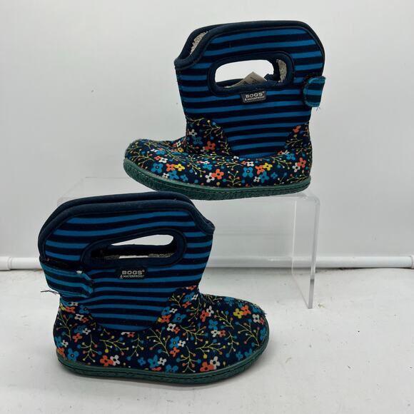 Bogs Baby Snow Boots Kids Toddler 7 Pull On Strap Winter Blue Floral - Picture 1 of 8